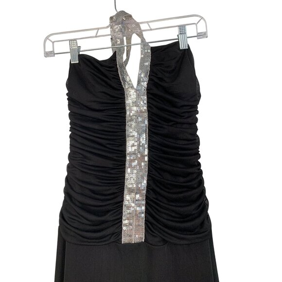 B Smart Sz 9/10 Formal Black Maxi Dress Silver Sequin Halter Ruched Y2K 8836 - Picture 10 of 11